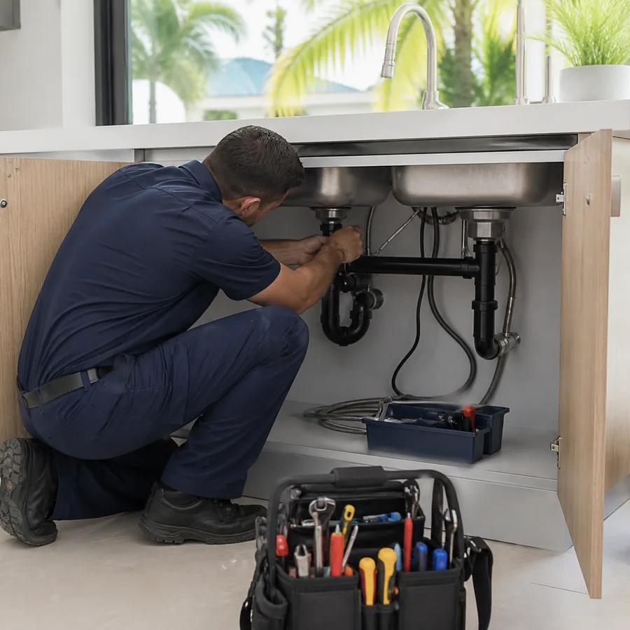 Sample plumber repairing pipes beneath a kitchen sink