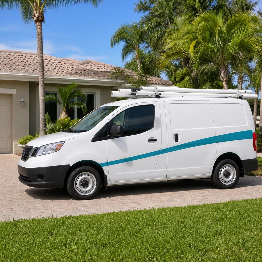 Sample white plumbing service van parked outside a South Florida home